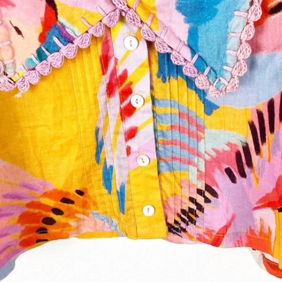 FARM RIO Macaws Bird Print Puff Sleeves Embroidered Multicolored Trim Crop Top - Picture 7 of 8